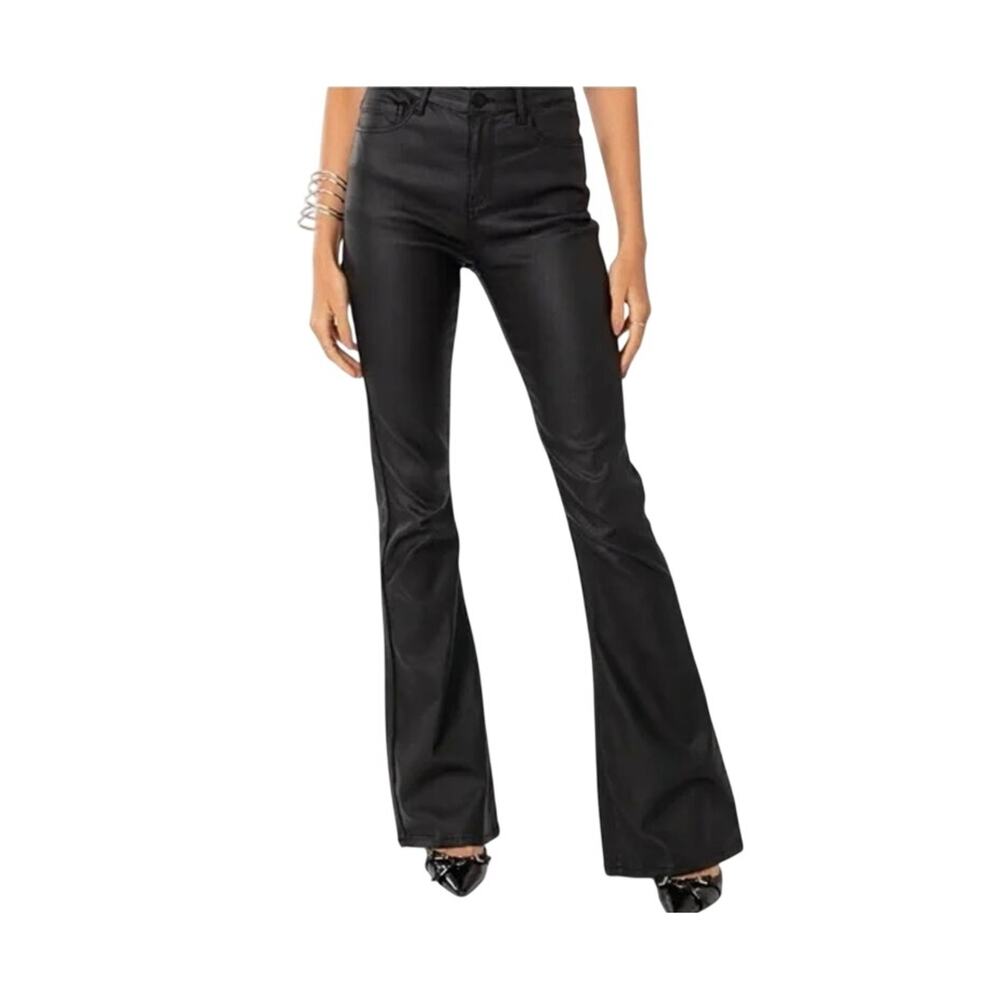 Edikted Luna Faux Leather Flare Pants Black High Rise Stretch Small